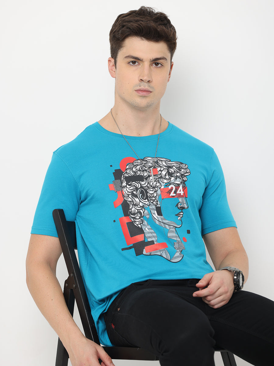 24 Design Men's Teal Cotton Lycra T-Shirt; Regular Fit, TWENTEE