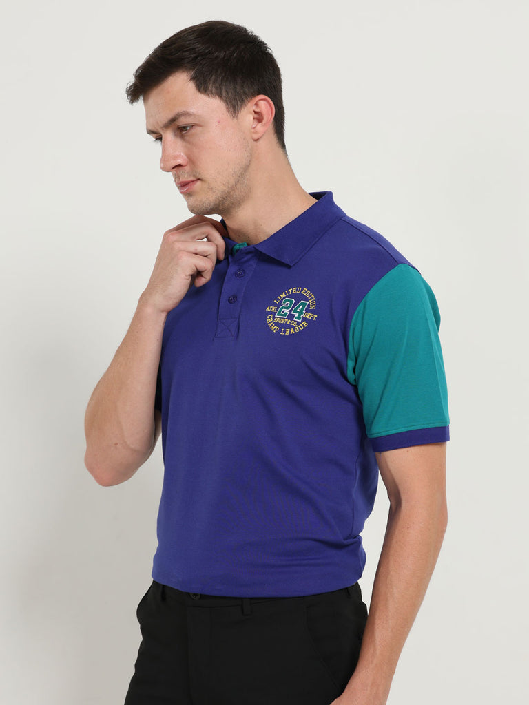 Emerson Limited Edition Design Men's Premium Cotton Lycra Clematis Blue Twentee4 Polo Shirt Half Sleeve; Soft Touch, Aur Text Breathable Fabric, Regular Fit,  Perfect for casual and office wear - Twentee 4.