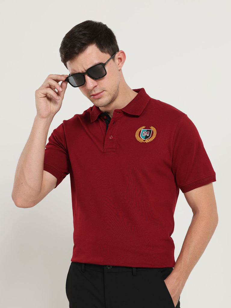 Emil 24 Design Men's Premium Cotton Lycra Brick Red Twentee4 Polo Shirt Half Sleeve; Soft Touch, Aur Text Breathable Fabric, Regular Fit,  Perfect for casual and office wear - Twentee 4.