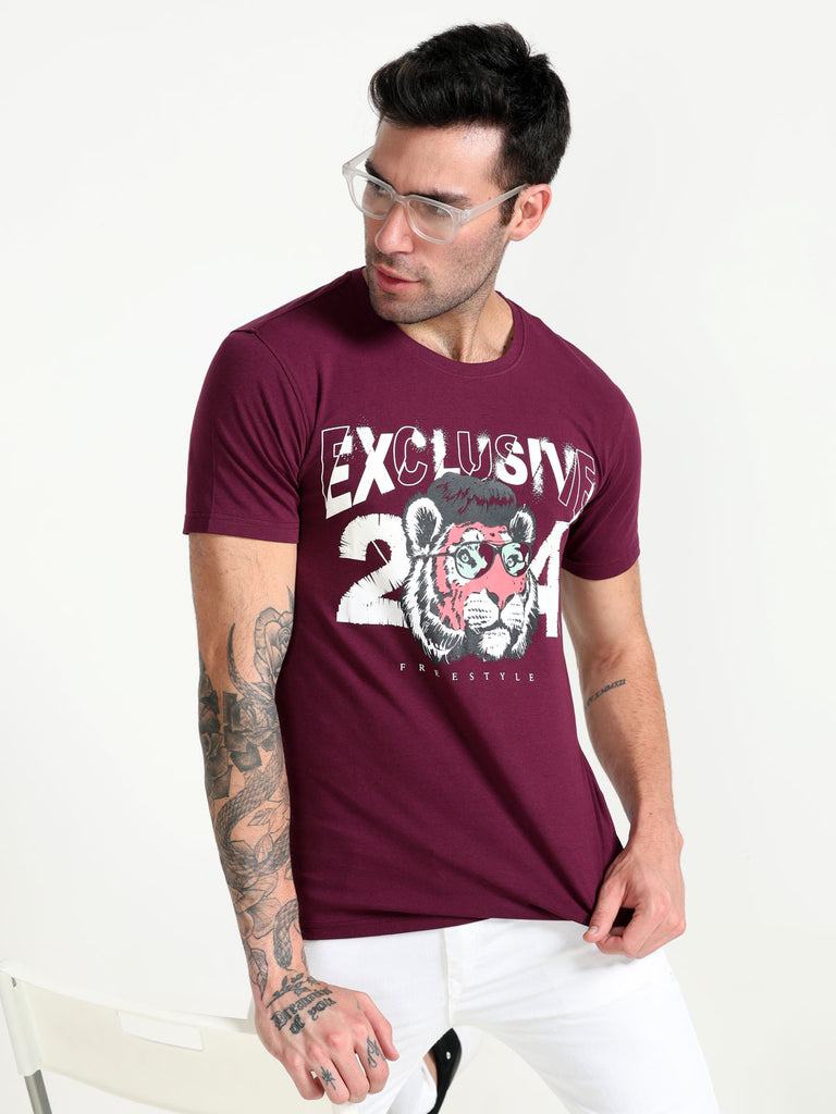 Exclusive Tiger Theme 24 Design Men's Grape Wine T-Shirt; Cotton Lycra Regular Fit