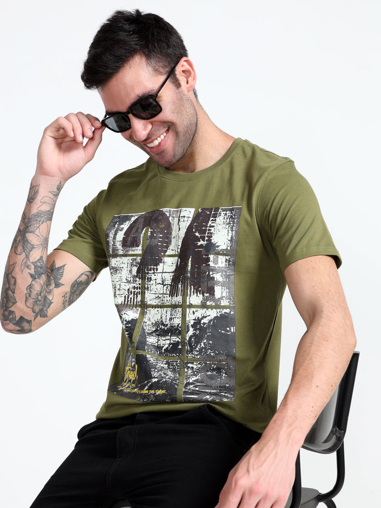 Travel Theme 24 Design Men's Olive Pure Cotton Twentee4 T-Shirt; Regular Fit