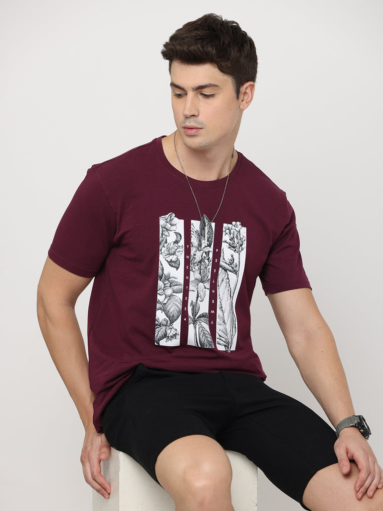 Floral Twentee 4 Design Men's Grape Wine Premium Cotton Lycra T-Shirt; Regular Fit main image